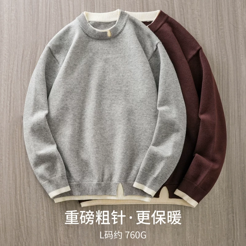 Áo len giả hai mảnh hạng nặng OMZM dành cho nam, phong cách mới mùa đông 2024, áo dệt kim dày dặn ấm áp với cổ tròn.
