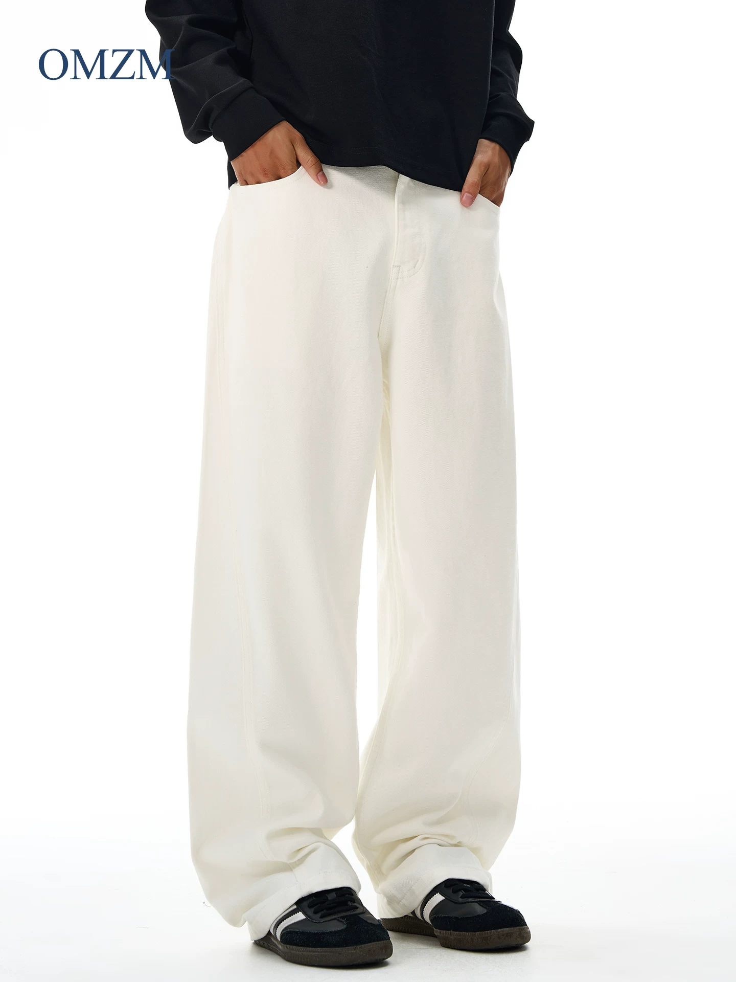 Quần jean OMZM retro carbon-washed dành cho nam, quần ống đứng dáng rộng Melard kiểu dáng đơn giản mùa đông, quần kiểu scimitar hợp thời trang