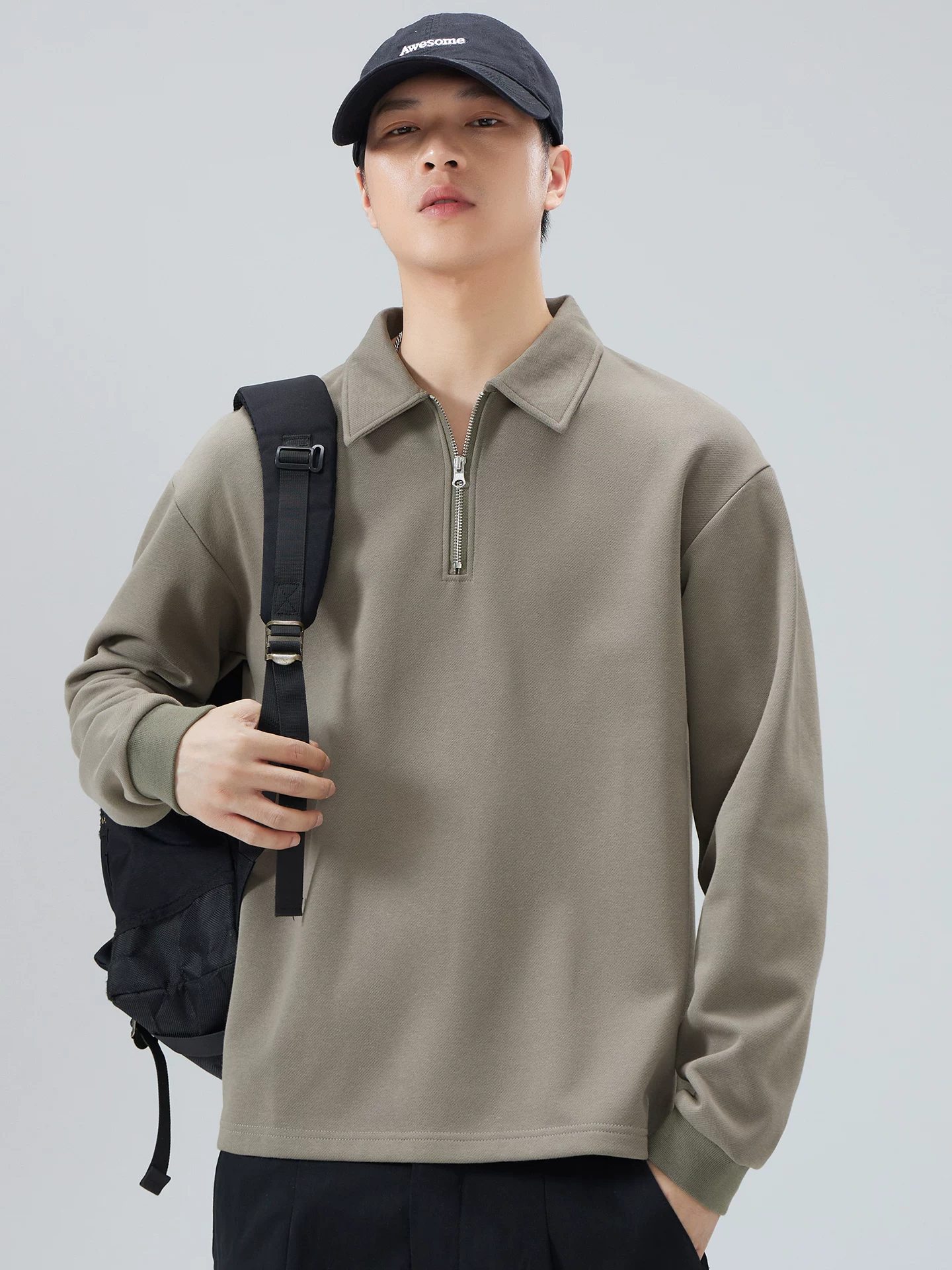 Áo len có cổ lót lông cừu OMZM dành cho nam, áo khoác cổ đứng nửa khóa kéo dày dặn ấm áp mùa đông, áo sơ mi POLO dáng rộng có cổ