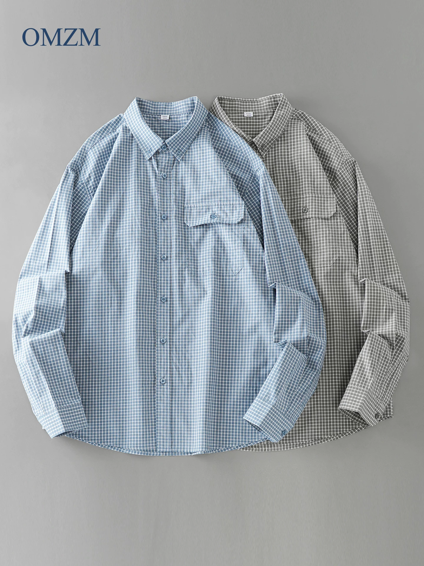 Áo sơ mi kẻ sọc cotton nguyên chất OMZM dành cho nam, áo sơ mi dài tay hạng nặng phong cách Mỹ mùa thu, áo khoác kẻ sọc màu xanh phong cách Nhật Bản kiểu dáng lười biếng
