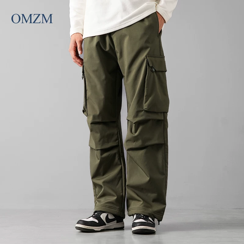 Quần lính dù dày dặn lót lông phong cách Mỹ OMZM mùa đông 2024, quần cargo giữ ấm lông cừu, dáng rộng, phong cách thường ngày, ống thẳng