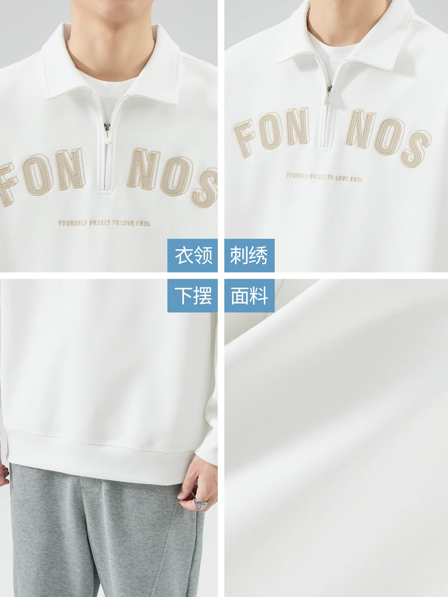 Áo nỉ polo nửa khóa kéo hạng nặng OMZM320G dành cho nam, áo khoác dáng rộng tay dài thêu chữ phong cách Mỹ mùa thu