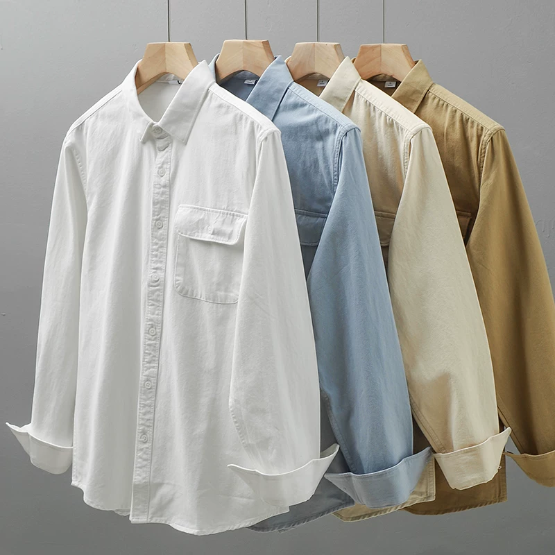 Áo khoác sơ mi công nhân chất liệu cotton nguyên chất hạng nặng 400G kiểu Mỹ dành cho nam, mùa thu 2025, cao cấp, tay dài, màu xanh, kiểu dáng thường ngày