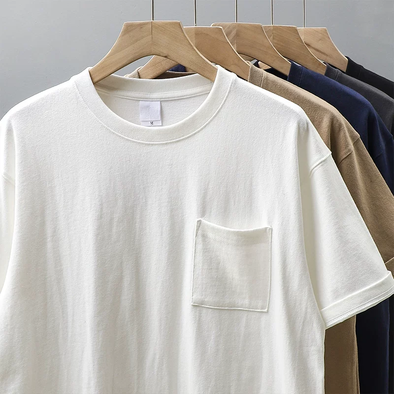 Áo thun nam tay ngắn chất liệu cotton dày 320g, kiểu dáng rộng, màu kaki trơn, phong cách retro Mỹ, mùa hè.