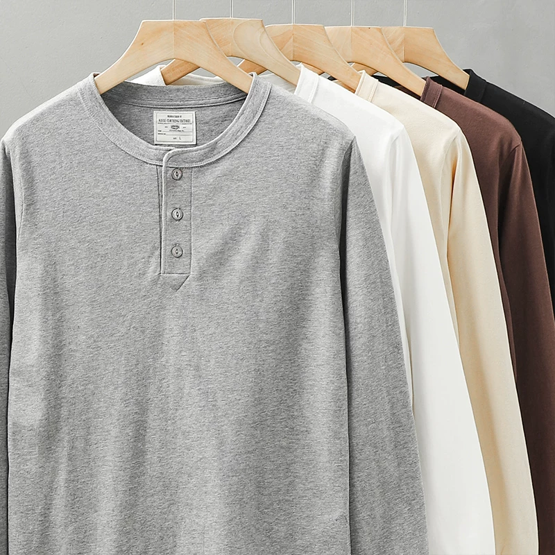 OMZM Áo thun dài tay cổ henley cổ điển kiểu Mỹ 300G dành cho nam, mùa xuân và mùa thu, áo sơ mi cotton nguyên chất Amekaji