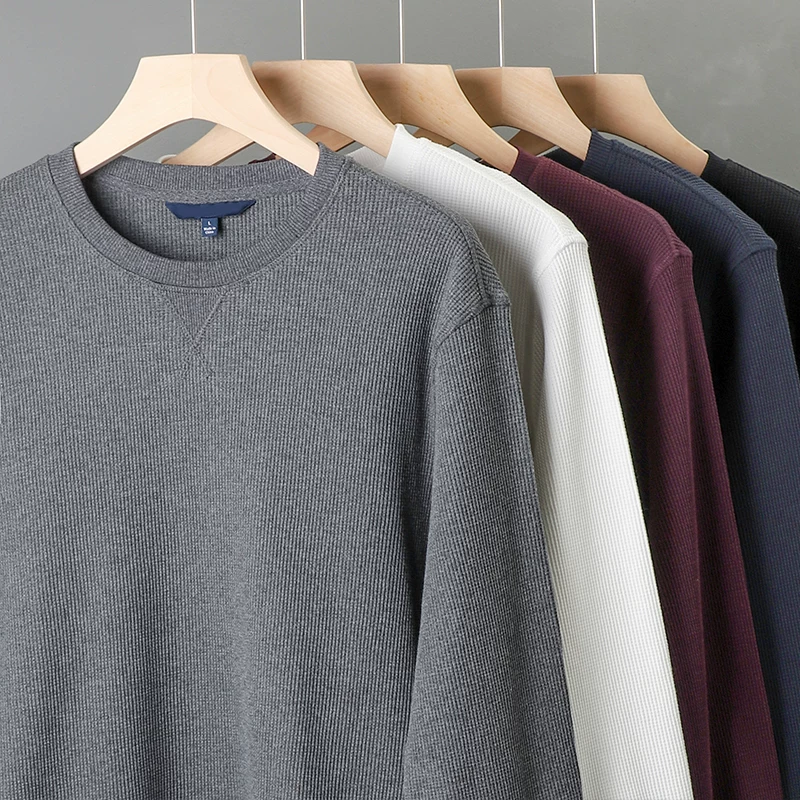 Áo len dệt kim kiểu nặng kiểu Mỹ của OMZM dành cho nam, áo sơ mi mùa thu hình tam giác ngược bằng cotton nguyên chất cao cấp, áo khoác cổ tròn màu trơn.