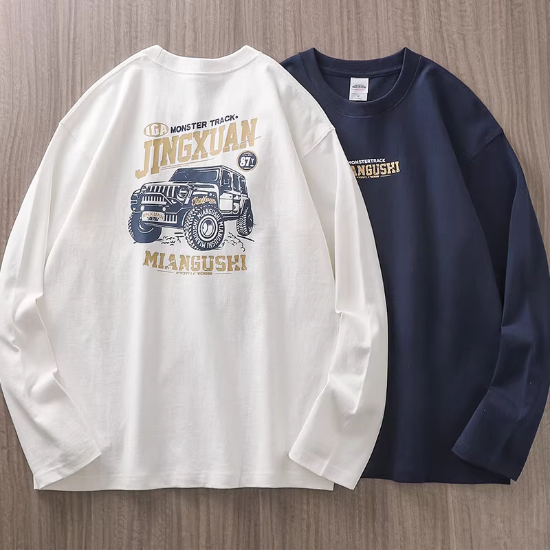 Áo thun dài tay hạng nặng 400G kiểu cổ điển của Mỹ dành cho nam giới, áo sơ mi in họa tiết thương hiệu thời thượng cao cấp mùa xuân và mùa thu, áo len cổ tròn bằng cotton nguyên chất