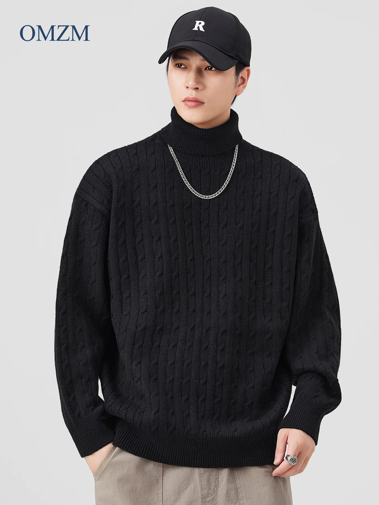 Áo len cổ lọ có họa tiết OMZM dành cho nam, lớp đế dệt kim dày và ấm áp cho mùa thu, áo chui đầu kiểu dáng giản dị.
