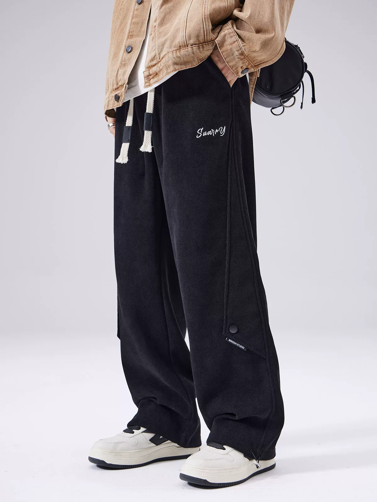 Quần thể thao chenille dày OMZM dành cho nam, quần ống rộng chất liệu nỉ dày mùa đông, quần jogger có dây rút thời trang, quần thường ngày