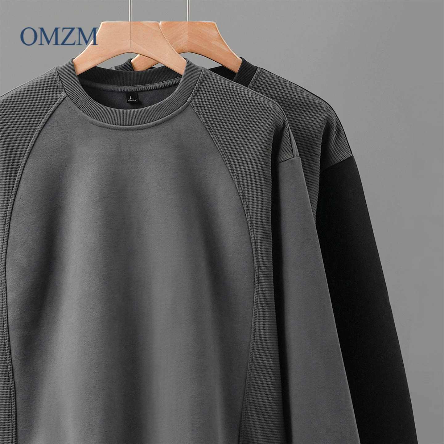 Áo nỉ hạng nặng OMZM420G dành cho nam, cổ tròn chắp vá phong cách Mỹ mùa thu đông, ấm áp, cao cấp, áo sơ mi màu trơn hợp thời trang