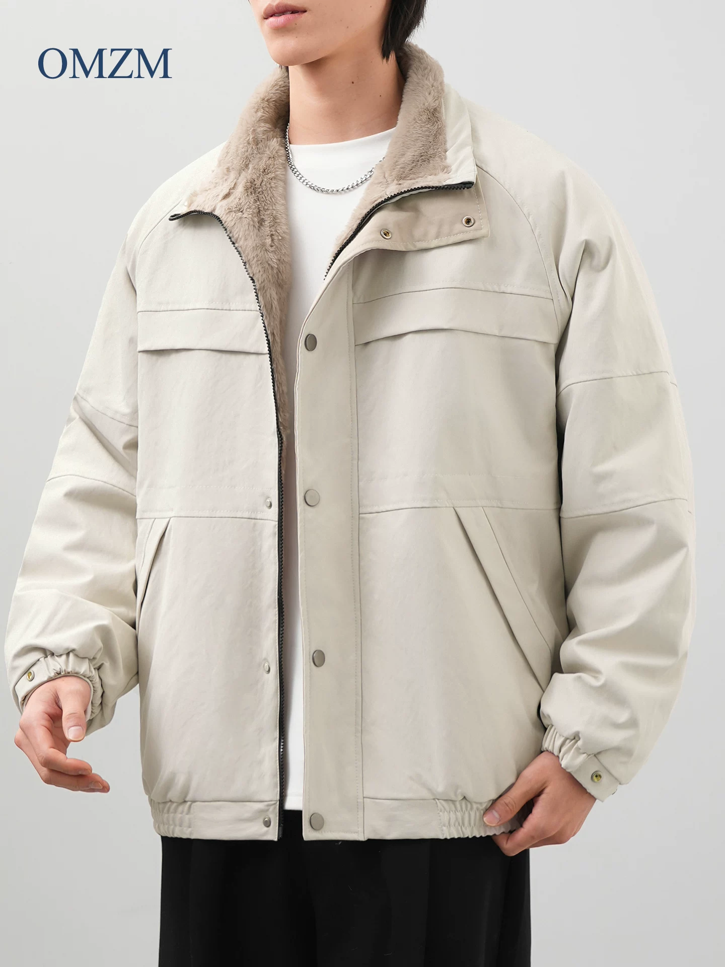 Áo khoác cotton cổ đứng kiểu Mỹ OMZM dành cho nam, áo khoác mùa đông cổ điển lót lông cừu ấm áp, áo khoác công sở rộng rãi, tiện dụng