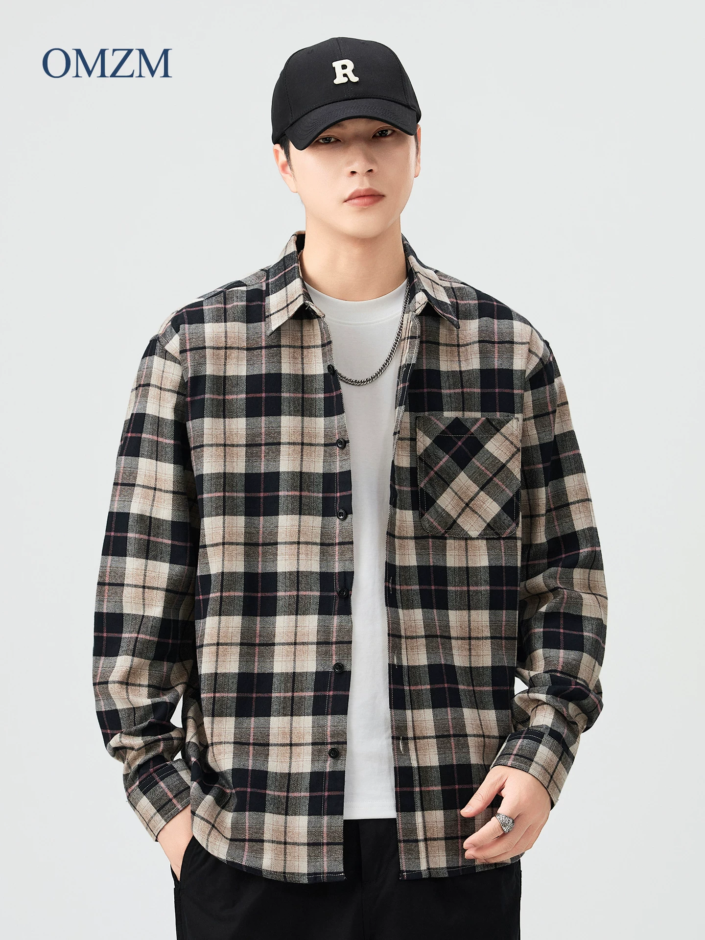 Áo sơ mi dài tay bằng cotton nguyên chất giặt kiểu Nhật OMZM dành cho nam, áo sơ mi kẻ sọc màu cổ điển mùa thu, áo khoác rộng chống nhăn