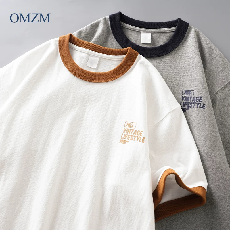 Áo thun nam cotton 100% dày dặn 320G, kiểu dáng mới hè 2025, phong cách Mỹ thời thượng, in họa tiết phối màu, cổ tròn, tay ngắn