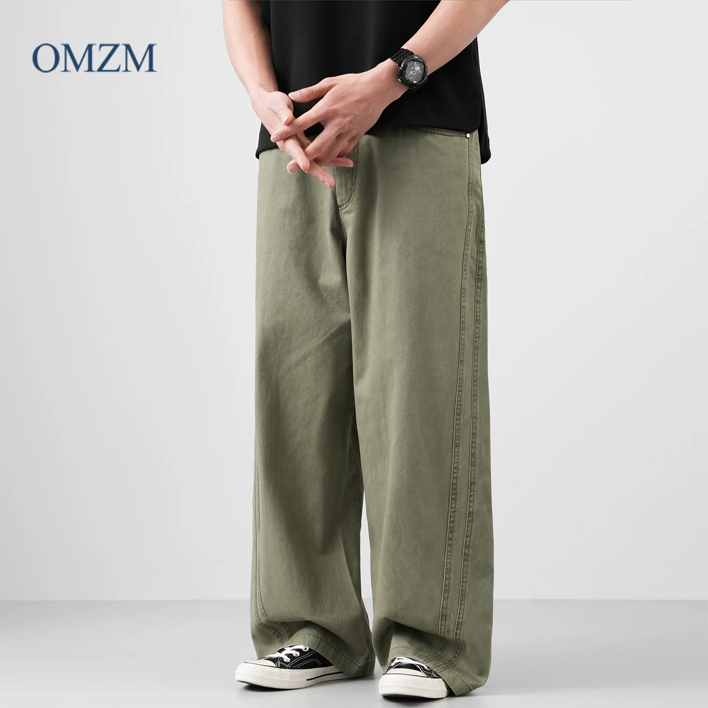 Quần cargo cotton nguyên chất hạng nặng OMZM dành cho nam, quần dáng rộng kiểu Mỹ mùa hè, quần dài đường phố cao cấp được giặt thông thường