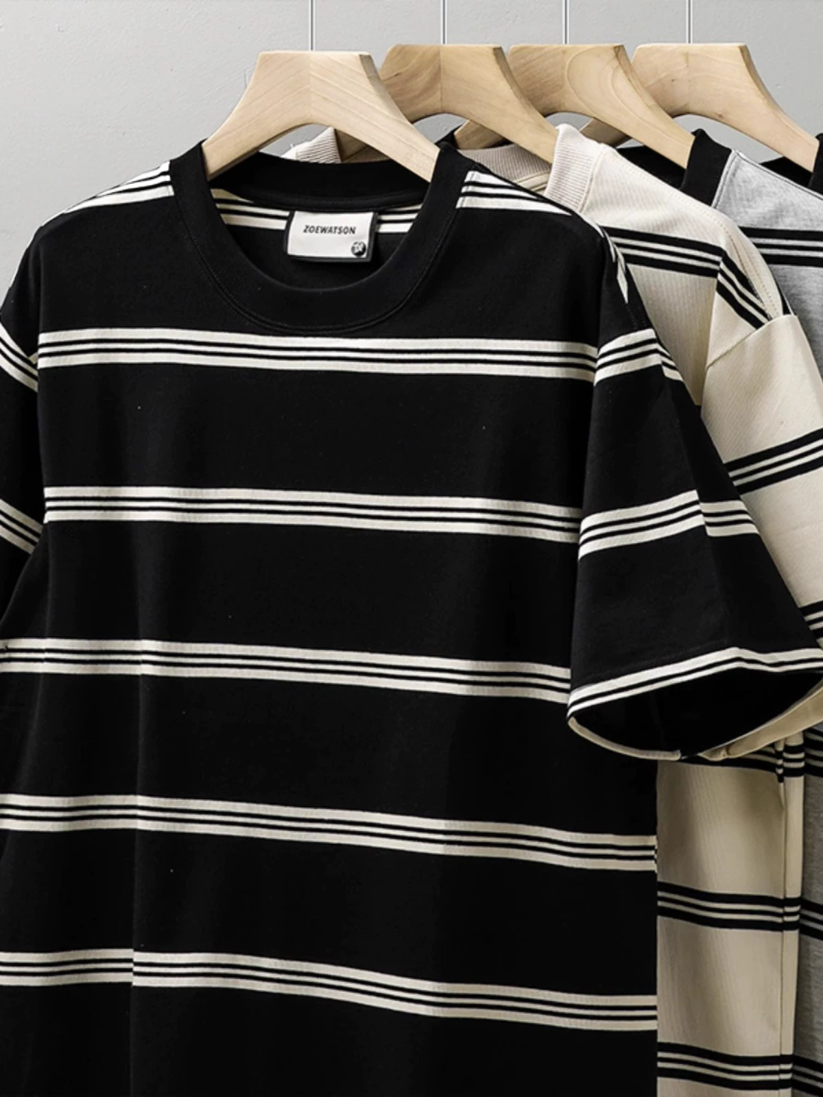 Áo thun sợi polyester sọc nặng 250G kiểu cổ điển của Mỹ OMZM dành cho nam và nữ, áo sơ mi ngắn tay dáng rộng hợp thời trang mùa hè dành cho cặp đôi