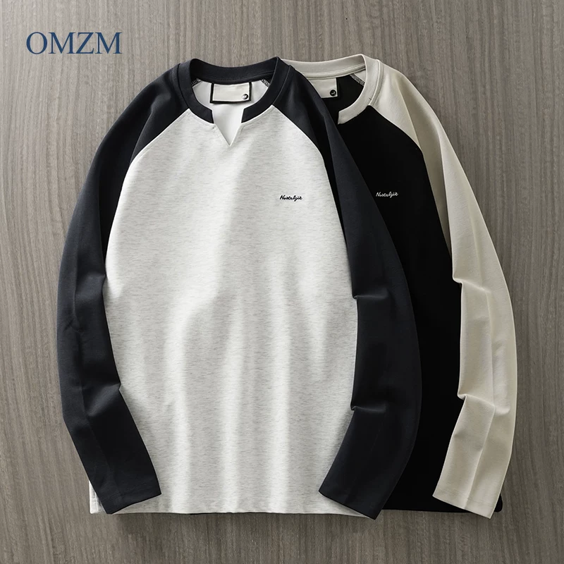 Áo thun nam cổ V tay dài chất liệu dày 300G, kiểu mới xuân thu 2025, tay raglan, áo sweatshirt phối màu, áo thun thêu.