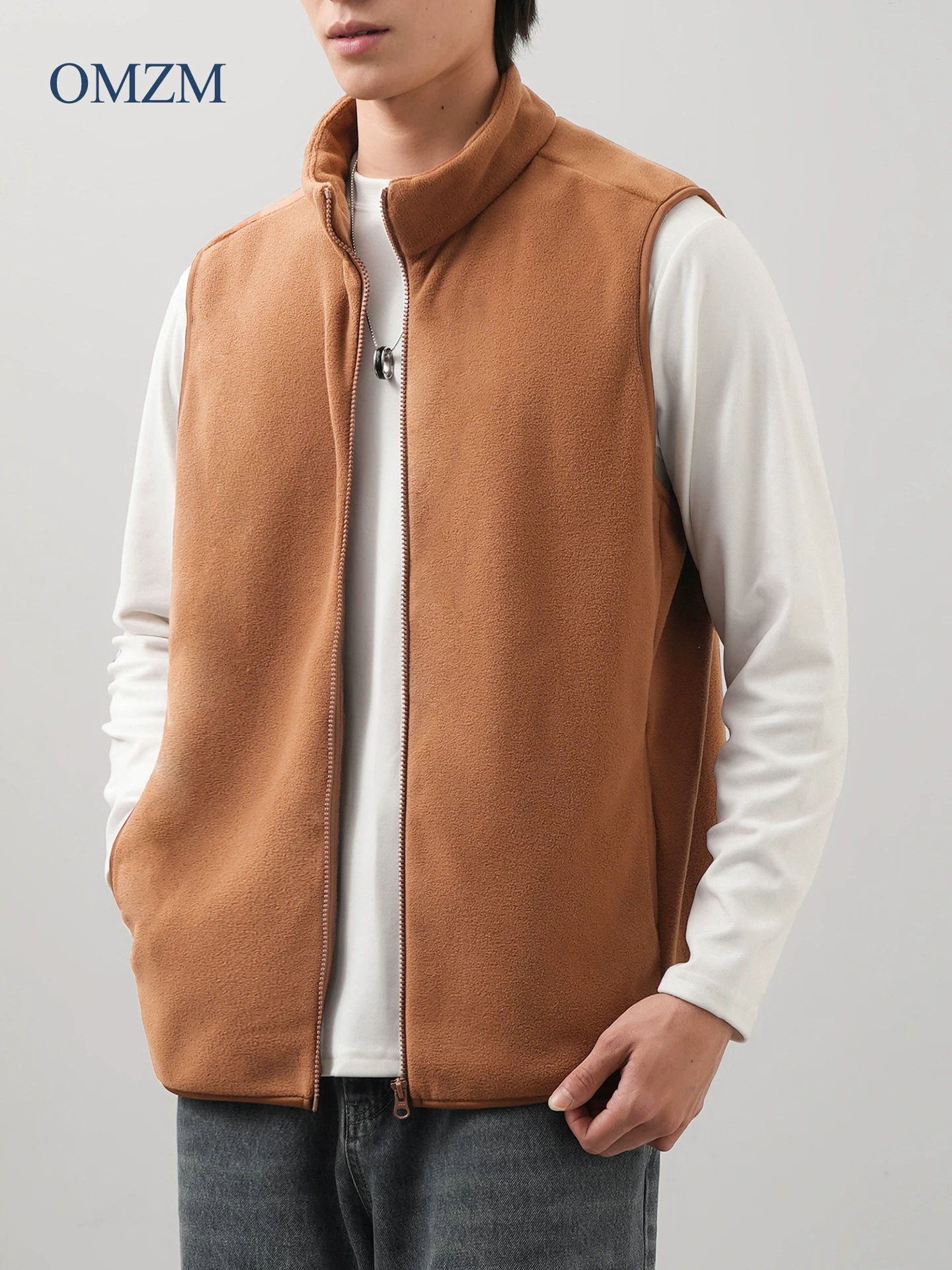 Áo vest lông cừu kiểu Mỹ OMZM dành cho nam, áo cardigan dày dặn và ấm áp mùa đông, áo khoác không tay cổ đứng màu trơn