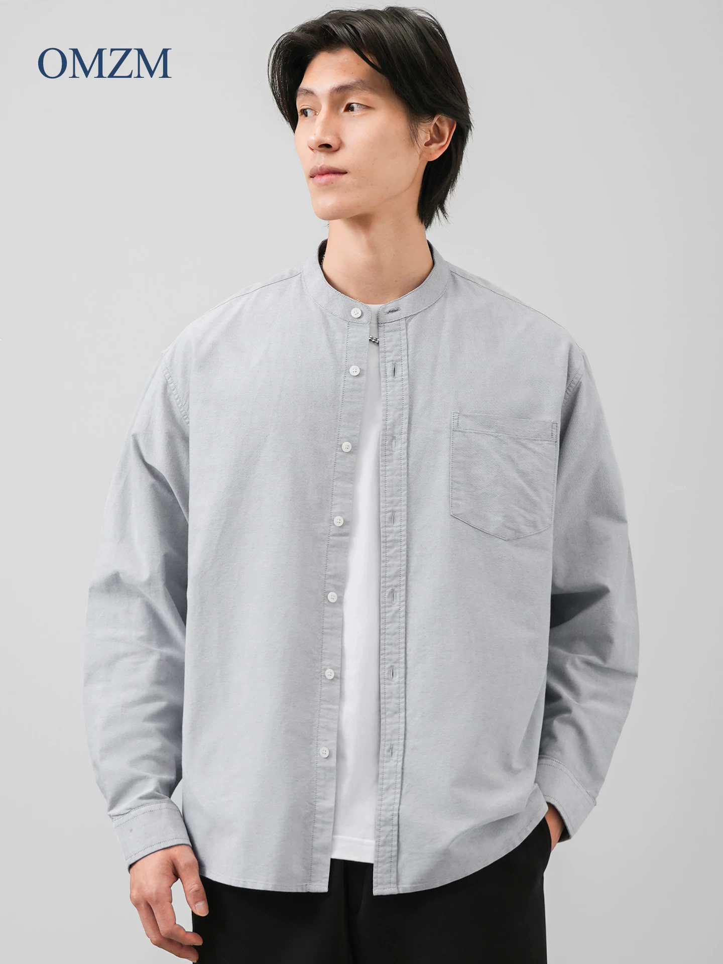 Áo sơ mi dài tay Oxford cotton nguyên chất hạng nặng OMZM dành cho nam, áo sơ mi trắng cổ đứng kiểu Trung Quốc mới mùa thu, áo khoác rộng