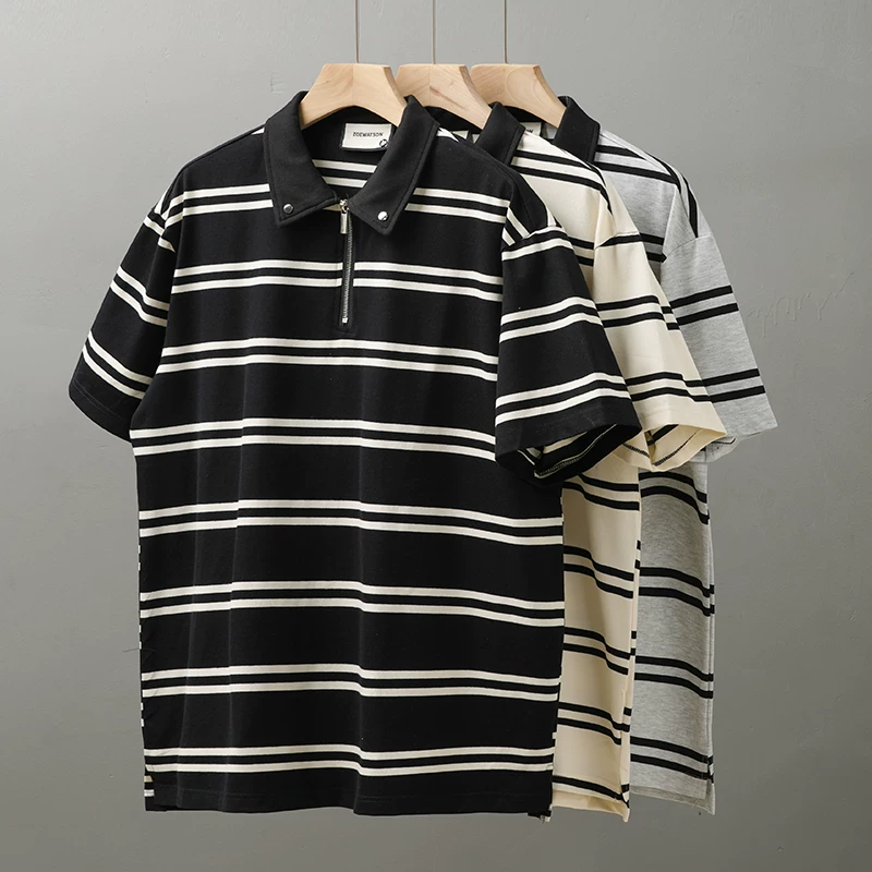 Áo thun polo nam Songdao Cotton kiểu Mỹ 210G chất dày dặn, sọc đen trắng, tay ngắn, mùa hè, xu hướng quốc dân, cổ điển, cổ trụ
