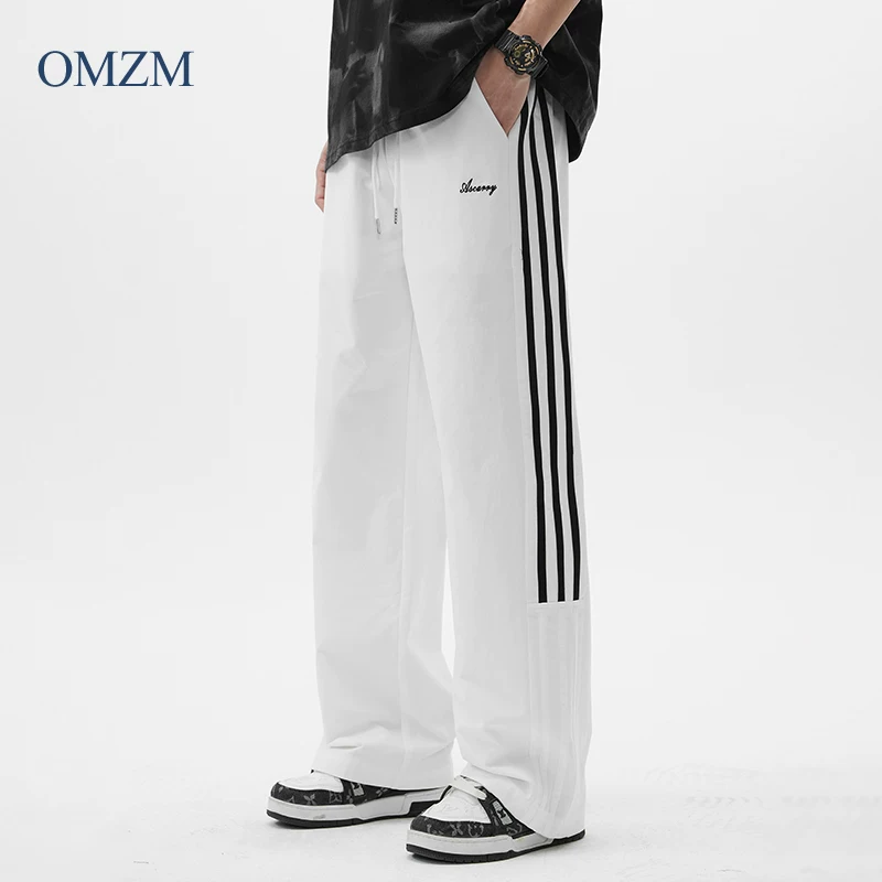 Quần thể thao nam OMZM chất liệu cotton nguyên chất, sọc, kiểu dáng mới xuân 2025, thời trang, dáng thẳng, rộng rãi, thoải mái, dài.