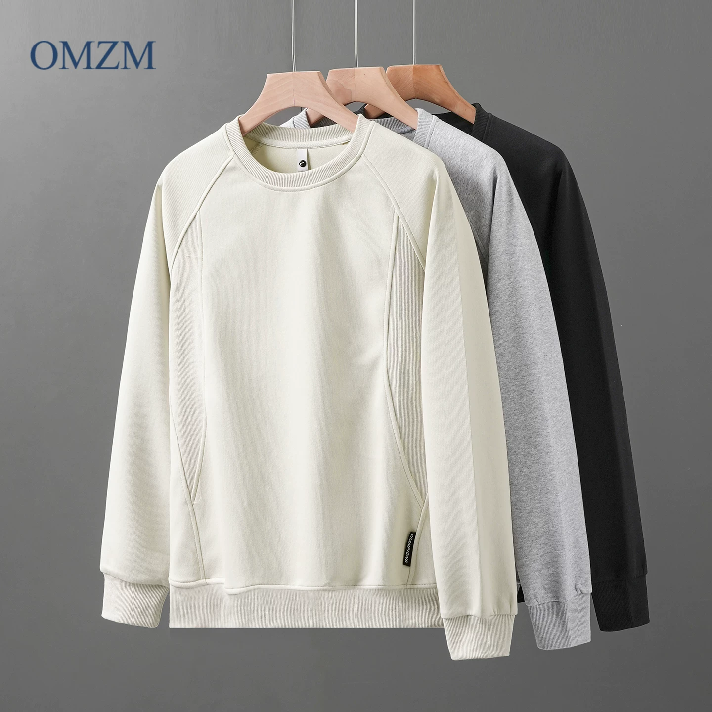 Áo nỉ chắp vá hạng nặng OMZM310G dành cho nam, áo sơ mi dài tay cổ tròn đơn giản phong cách Mỹ mùa thu, áo khoác không mũ dành cho cặp đôi.
