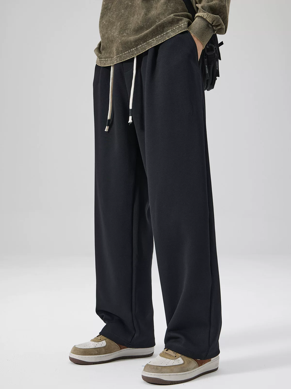 Quần thể thao cotton pique hạng nặng OMZM dành cho nam, quần thể thao màu trơn kiểu dáng hợp thời trang phong cách Mỹ mùa xuân và mùa thu, quần ống đứng dáng rộng, quần thường ngày