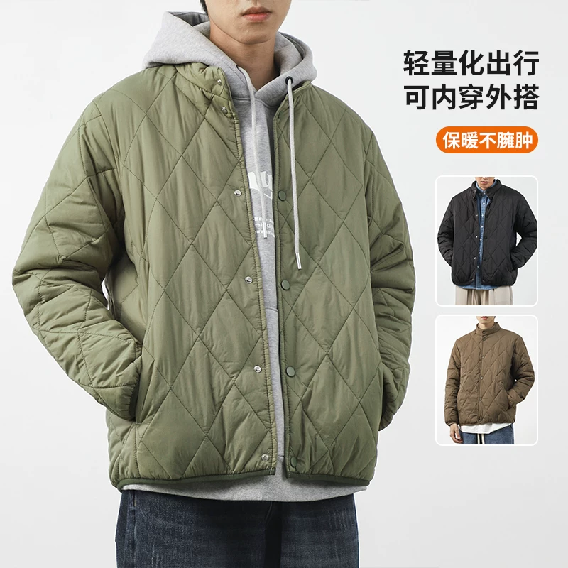 Áo khoác đệm bông họa tiết kim cương OMZM dành cho nam, áo khoác cotton dày dặn giữ ấm mùa đông, áo khoác cổ điển Nhật Bản có cổ bóng chày.