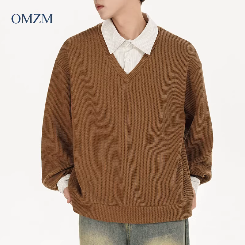 Áo len giả hai mảnh phong cách Mỹ OMZM dành cho nam, áo sơ mi dệt kim cổ chữ V dày dặn ấm áp mùa thu đông có cổ áo, áo dệt kim màu trơn