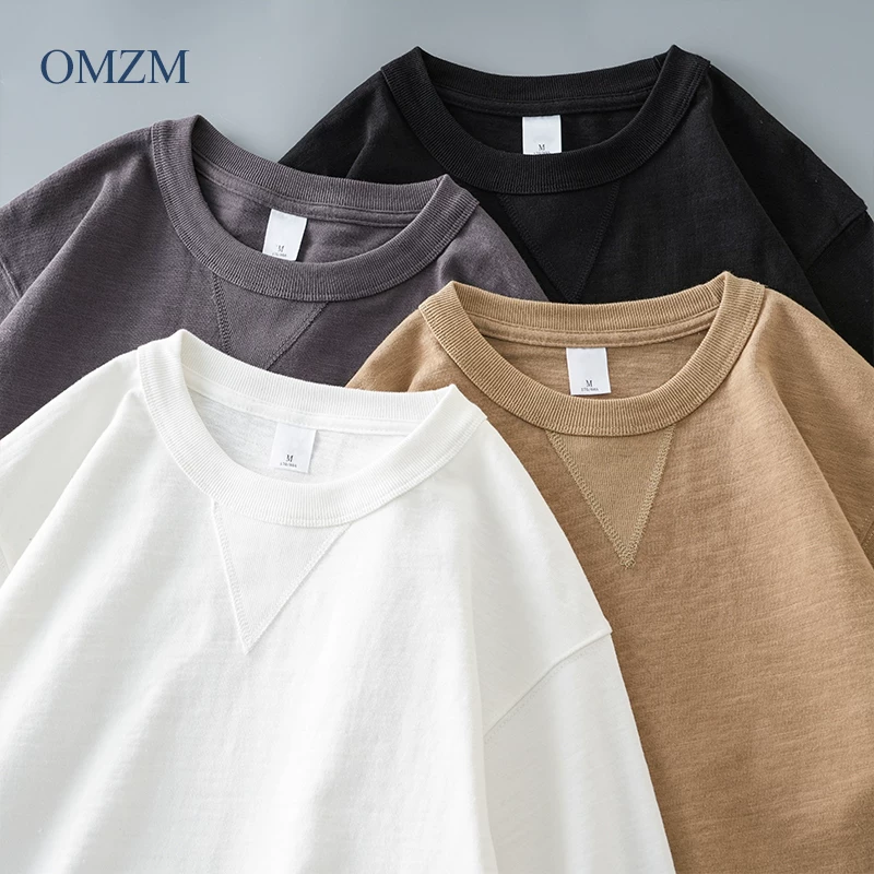 Áo thun nam tay dài dáng tam giác ngược, chất liệu cotton 100%, màu trắng, size 400G, kiểu dáng mùa thu 2024, đường may ba lớp, cổ tròn.