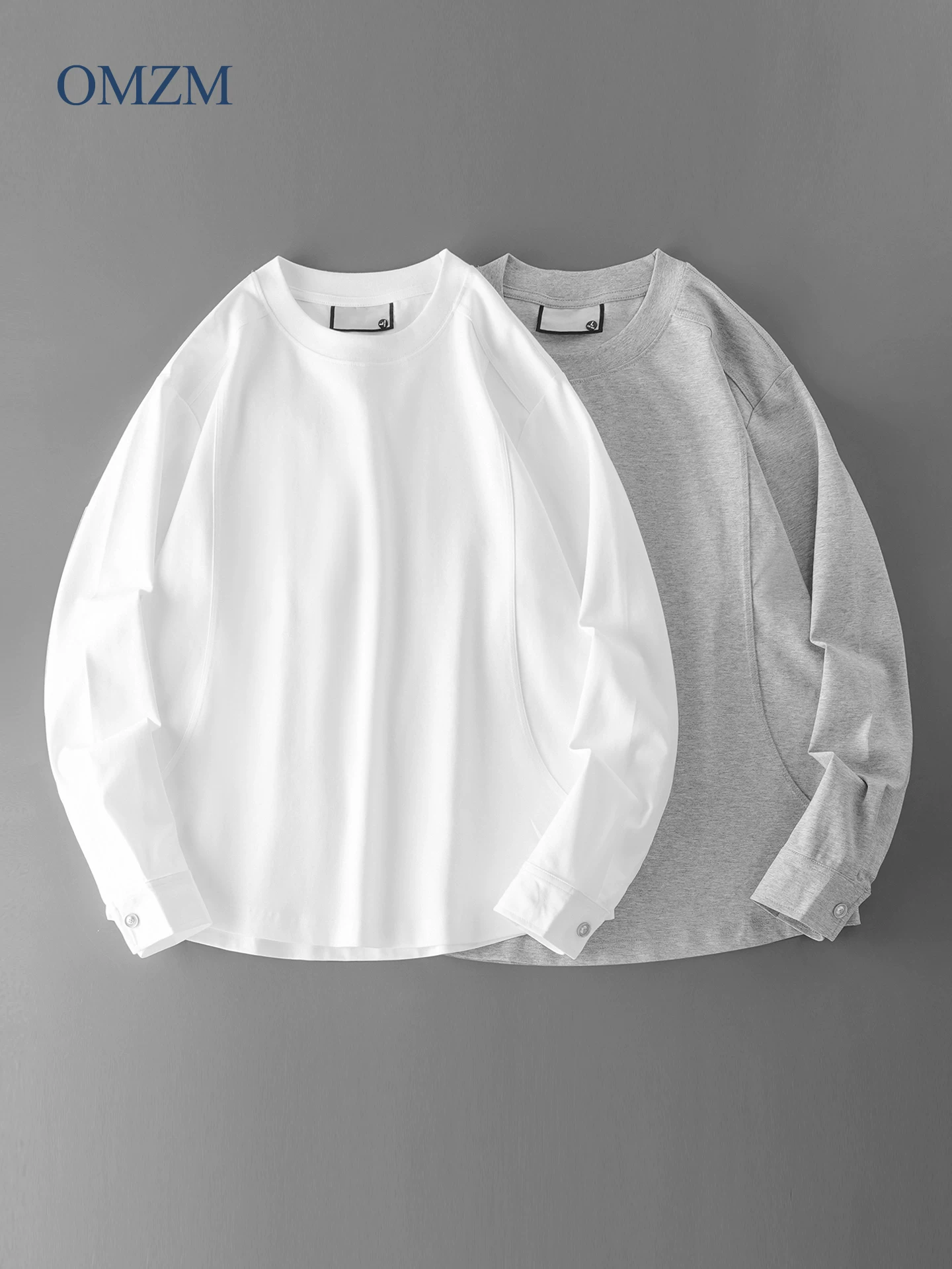 Áo thun nam dài tay hạng nặng OMZM260G mùa thu màu trơn đơn giản cổ tròn, áo thun dáng rộng và đa năng, áo thun mặc lót.