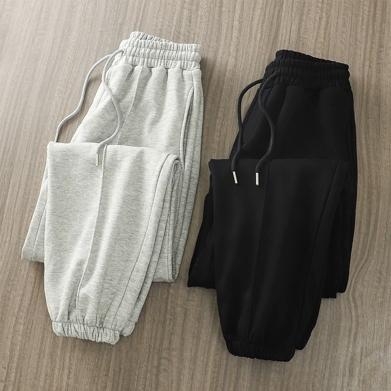 Quần jogger lót lông cừu hạng nặng kiểu Mỹ của OMZM dành cho nam, quần thể thao chắp vá dày dặn mùa đông, quần dài thường ngày màu xám