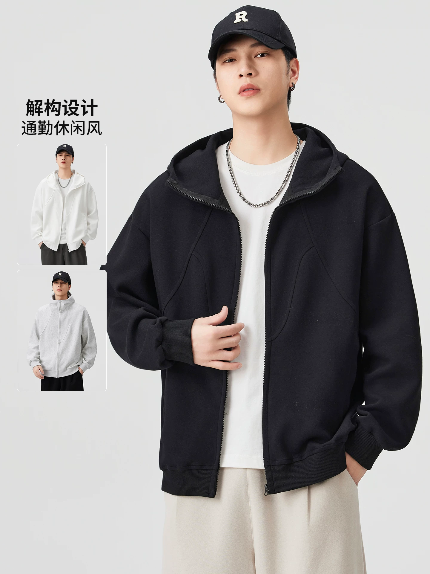 Áo len cardigan có mũ trùm đầu hạng nặng OMZM420G dành cho nam, áo khoác thể thao dáng rộng dài tay phong cách Mỹ mùa thu kiểu dáng thể thao