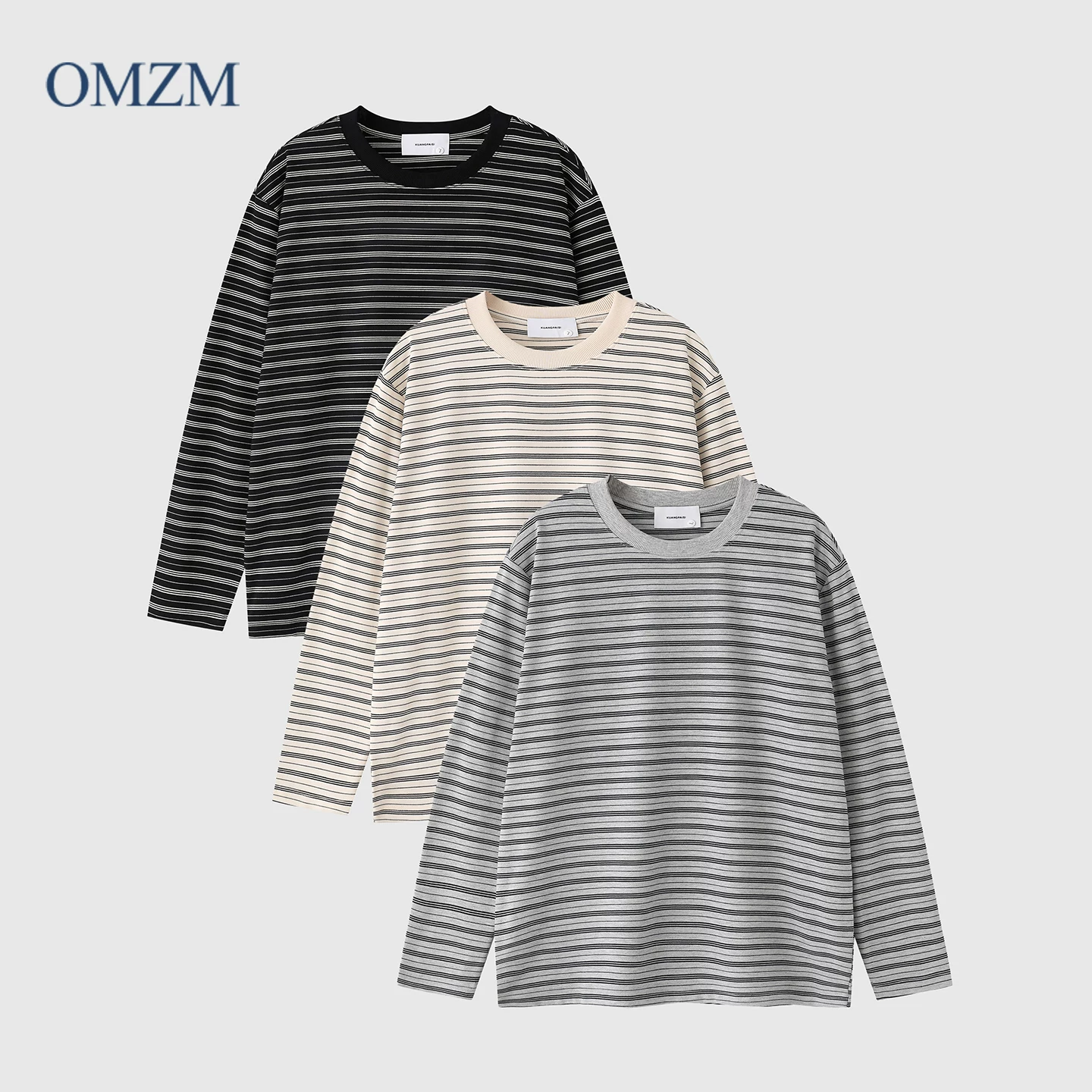 Áo thun dài tay sọc nặng ký OMZM dành cho nam, áo sơ mi cổ tròn cổ điển kiểu Mỹ mùa thu, áo sơ mi thủy thủ rộng rãi.