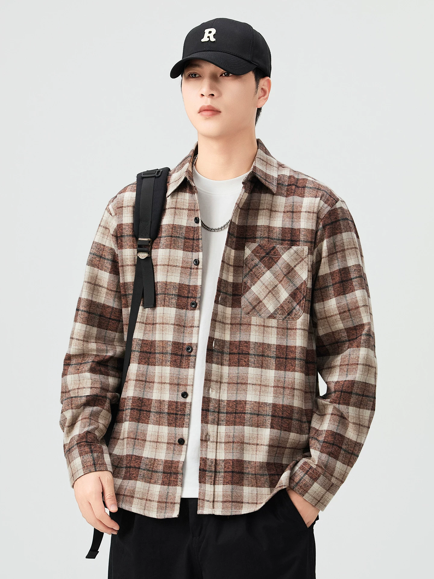 Áo sơ mi dài tay bằng cotton nguyên chất giặt kiểu Nhật OMZM dành cho nam, áo sơ mi kẻ sọc màu cổ điển mùa thu, áo khoác rộng chống nhăn