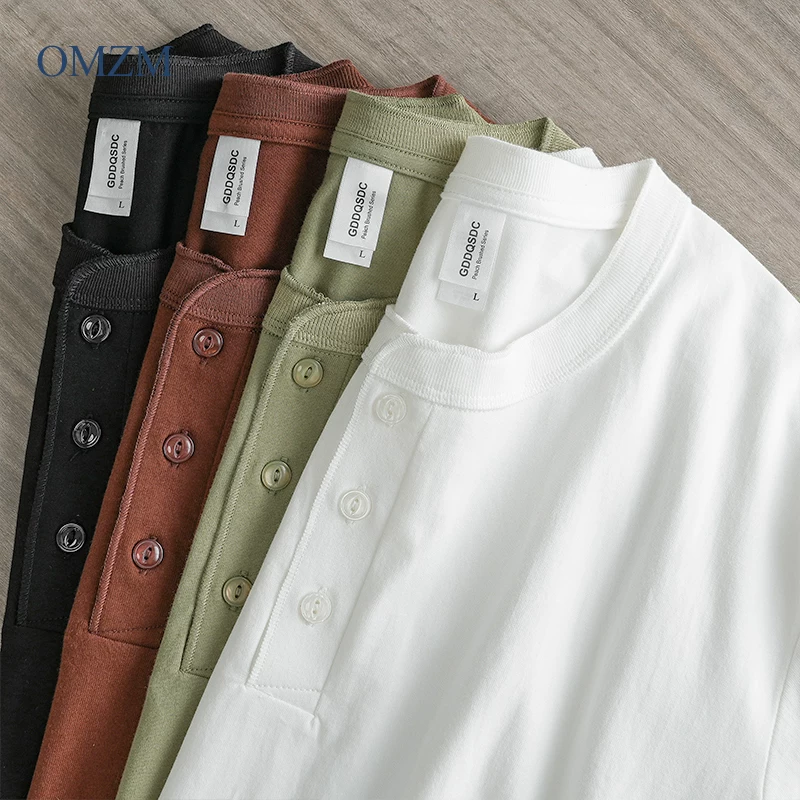 Áo thun nam tay ngắn cổ henley kiểu Mỹ OMZM 300G, chất liệu cotton nguyên chất, màu trơn, phong cách vintage, mùa hè.