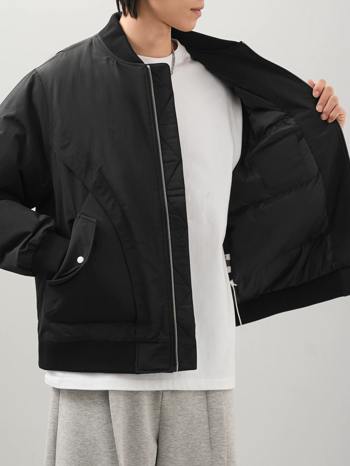 OMZM90 áo khoác lông vịt nam mùa đông Mỹ cổ bóng chày dày ấm áp áo khoác dây kéo dáng rộng áo khoác