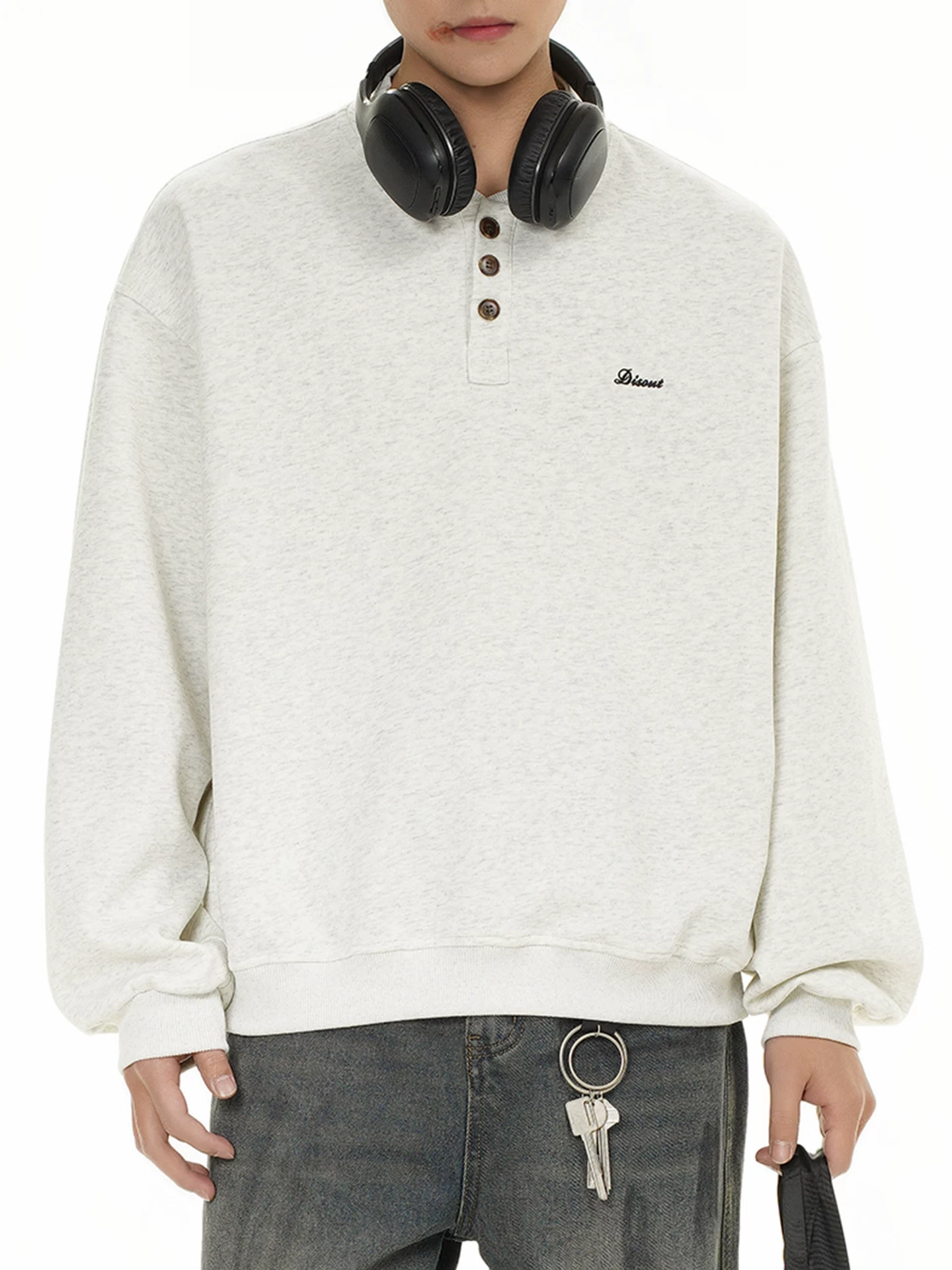 Áo len cổ Henry hạng nặng 400G phong cách Mỹ của OMZM dành cho nam, áo chui đầu thêu cao cấp mùa thu, áo khoác dáng rộng thông thường