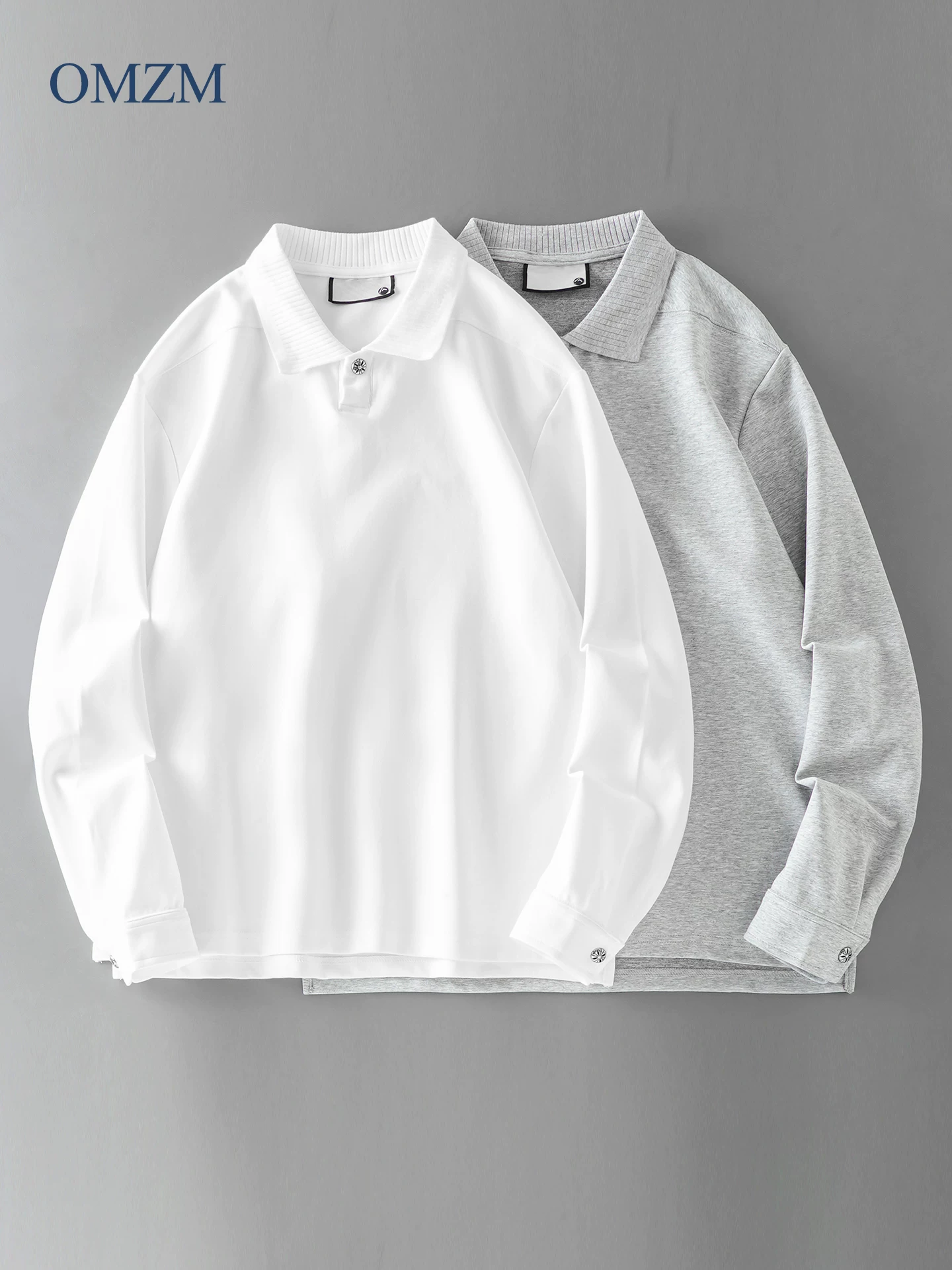 Áo polo nam OMZM kiểu tiền cổ điển, tay dài, chất dày dặn mùa thu, cổ trụ, áo sweatshirt cao cấp, phong cách thường ngày, màu trơn.