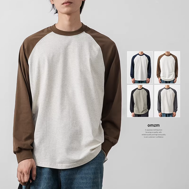 Áo thun nam tay raglan phối màu, chất liệu dày dặn 260G kiểu Mỹ, áo sweatshirt cổ tròn vintage tay dài mùa xuân thu, áo thun rộng rãi