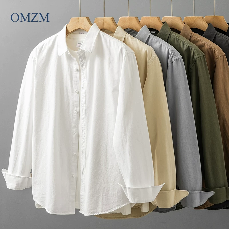 Áo sơ mi nam cotton nguyên chất hạng nặng 350G, dài tay, mùa xuân thu, áo sơ mi trắng cao cấp, kiểu dáng rộng rãi, mỏng nhẹ, kiểu áo khoác có cổ.