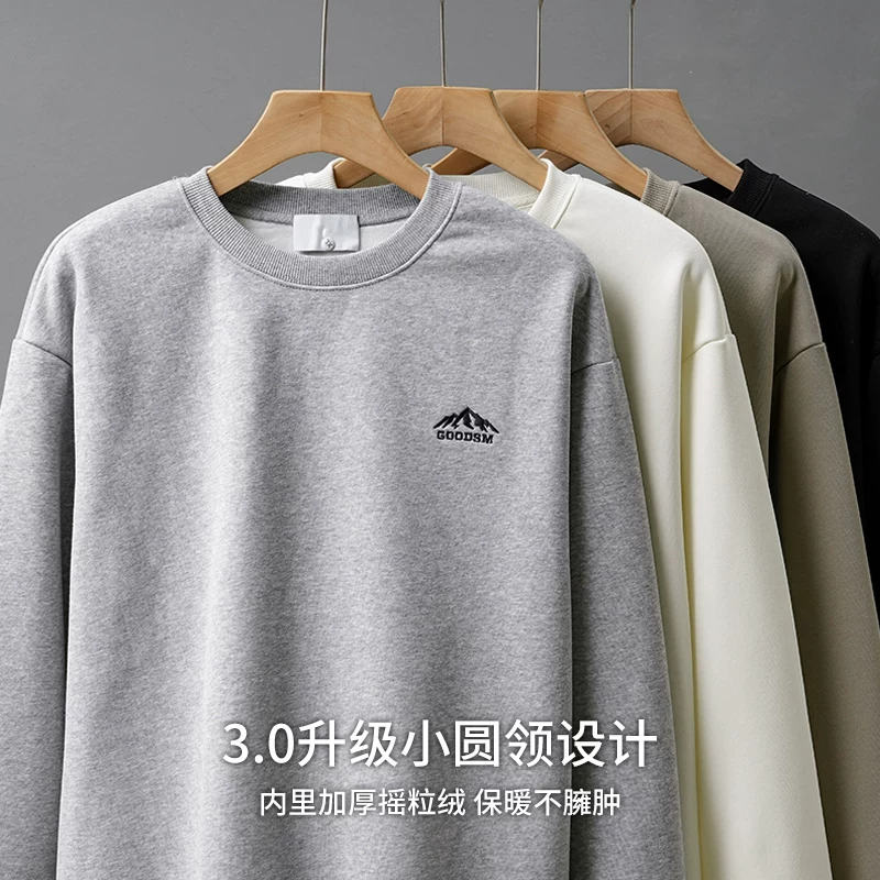 Áo nỉ lông cừu hạng nặng 460G dành cho nam, áo chui đầu mùa thu đông, cổ tròn, áo thun thêu, dày dặn, ấm áp, áo khoác dài tay.