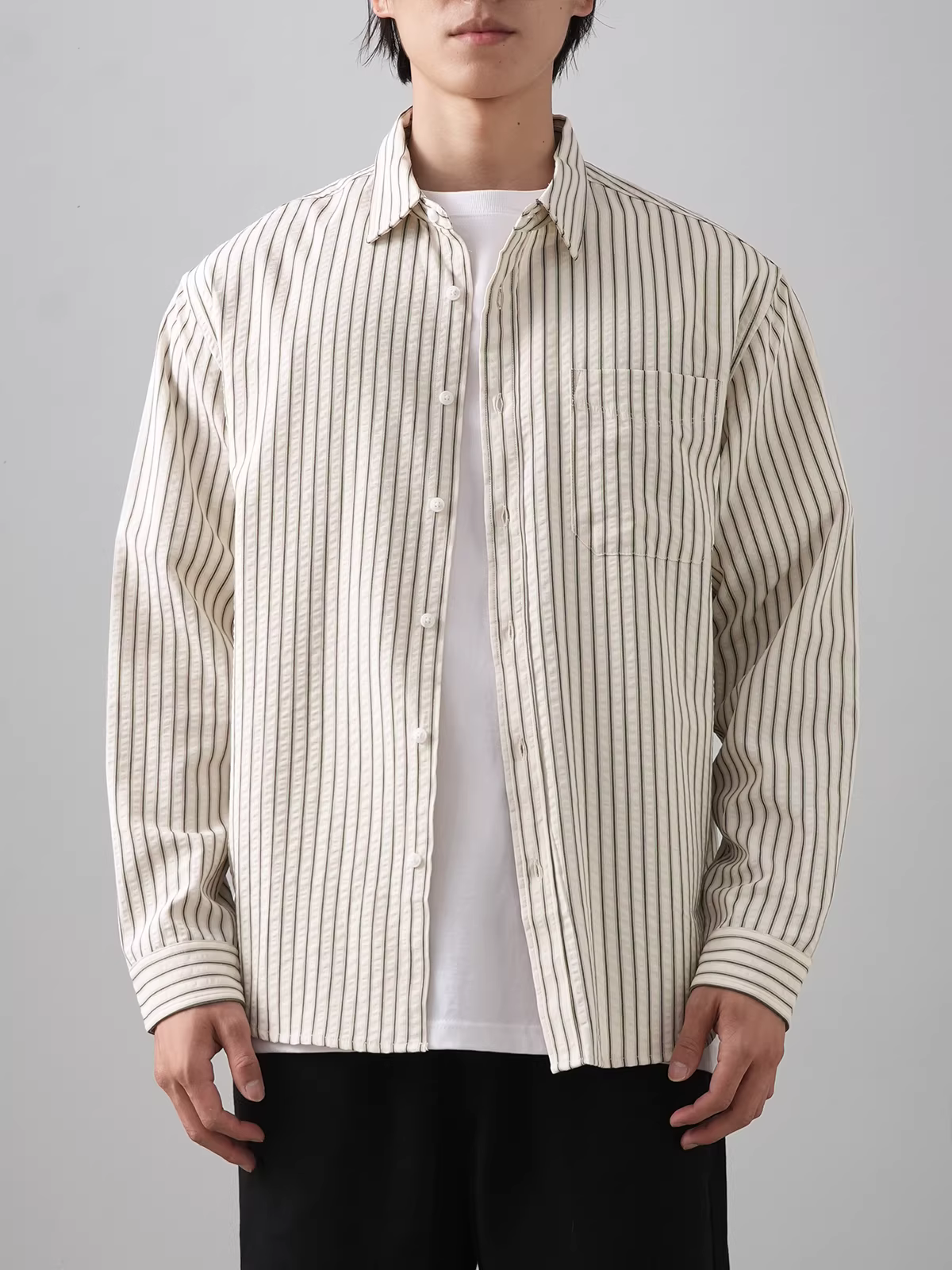 Áo sơ mi OMZM Celar Tencel dành cho nam, dài tay, kiểu dáng mùa thu mỏng, dáng rộng, cổ bẻ, áo sơ mi sọc dọc, áo khoác cao cấp.