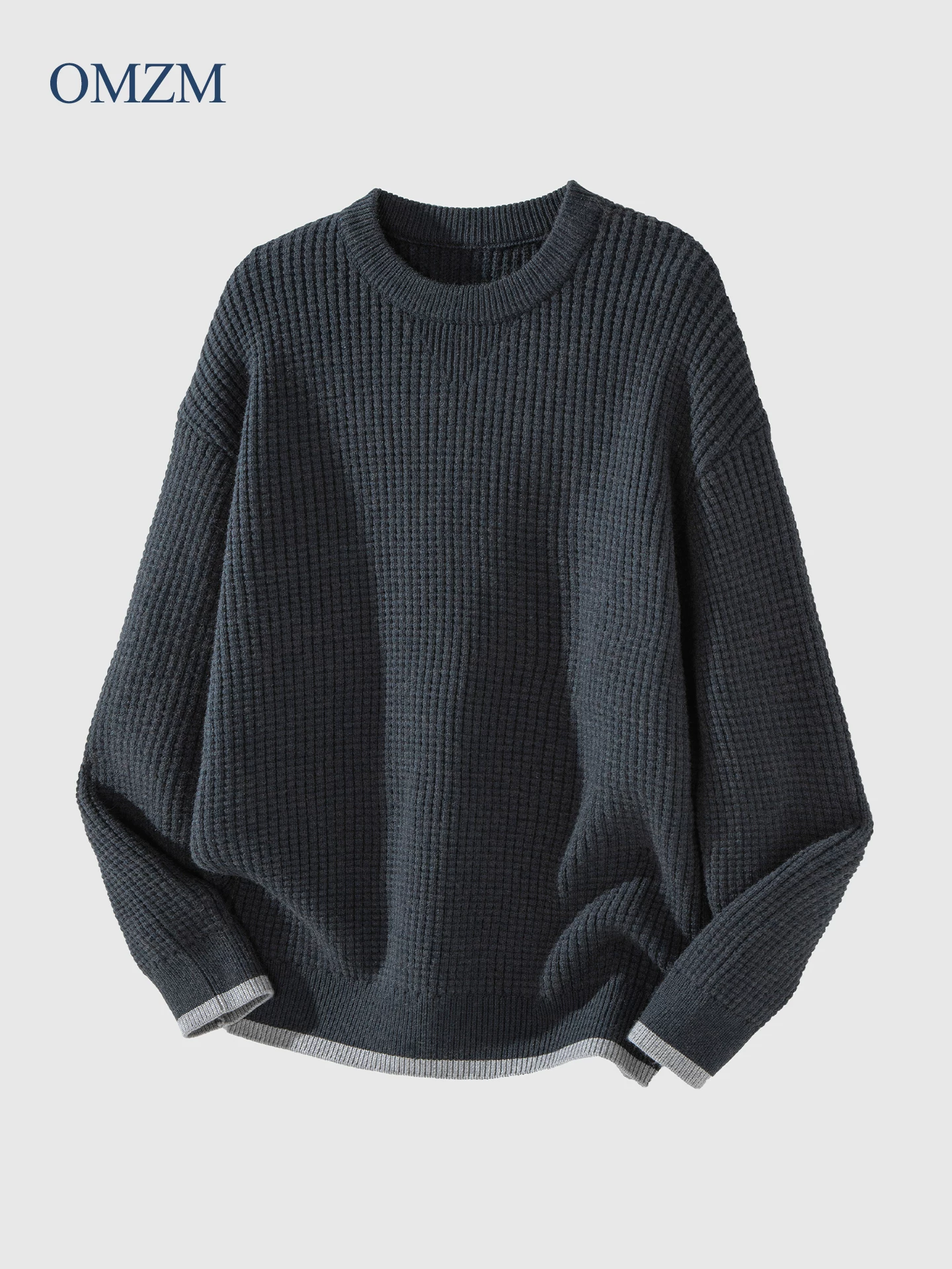 Áo len cổ tròn hạng nặng OMZM750G dành cho nam, áo len dệt kim dày dặn ấm áp mùa đông, áo len dệt kim phong cách retro lười biếng kiểu Mỹ.