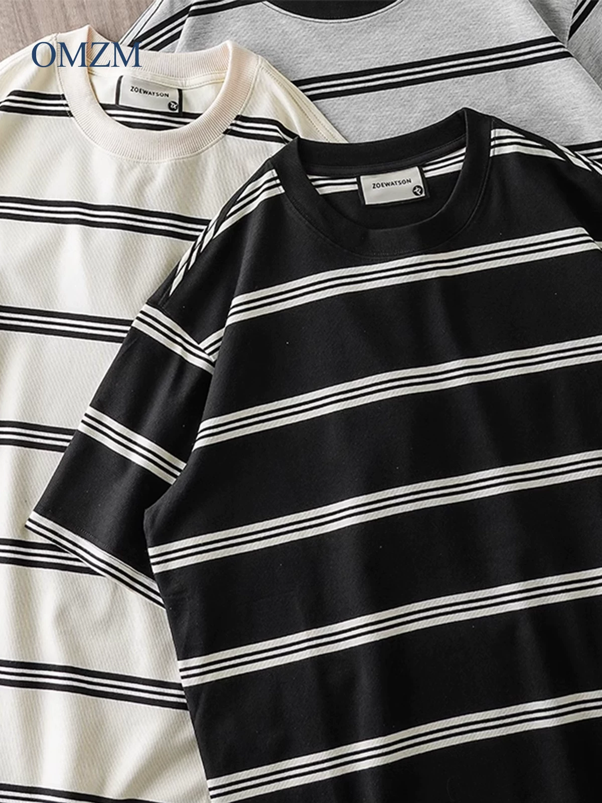 Áo thun sợi polyester sọc nặng 250G kiểu cổ điển của Mỹ OMZM dành cho nam và nữ, áo sơ mi ngắn tay dáng rộng hợp thời trang mùa hè dành cho cặp đôi