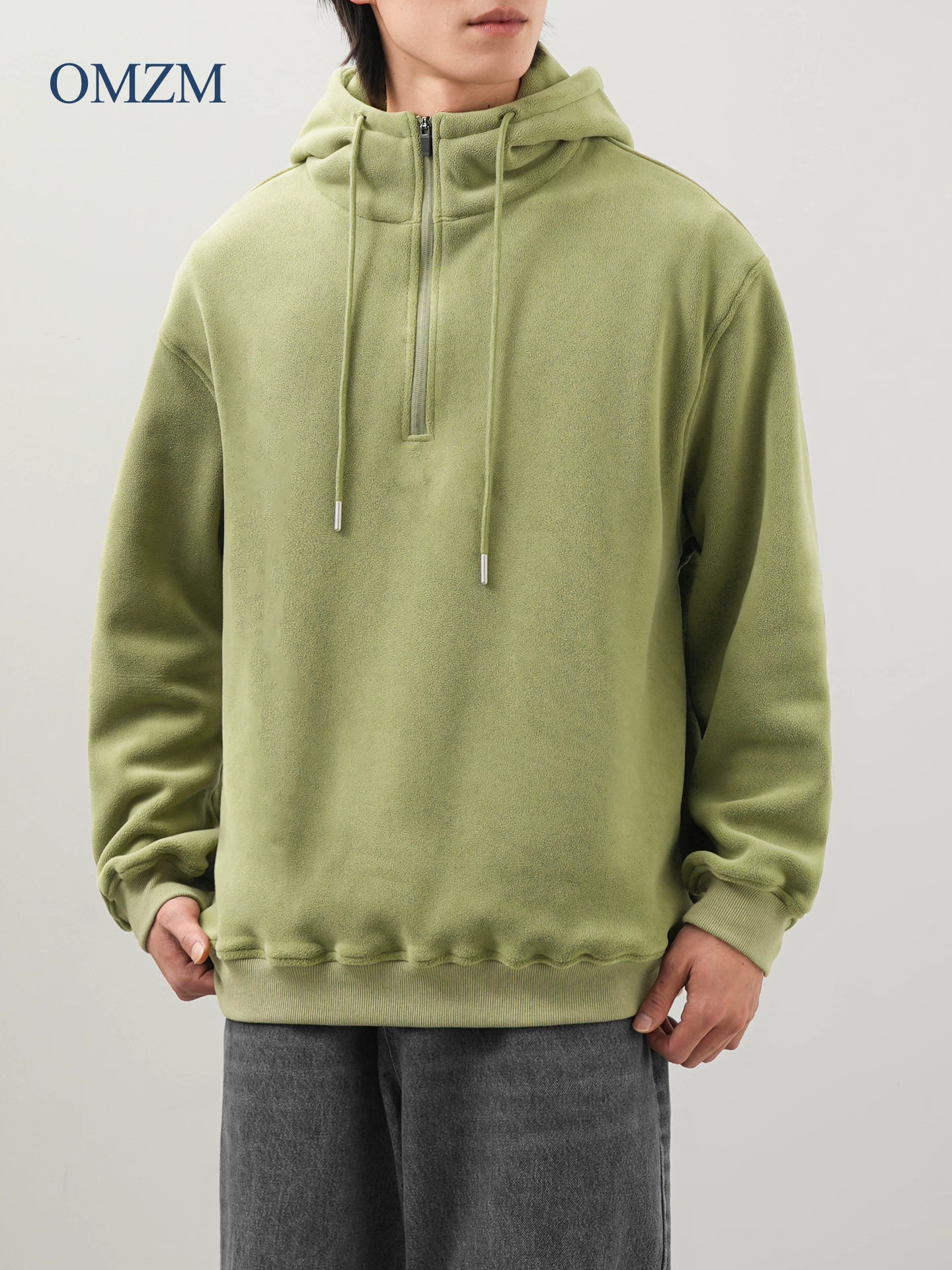 Áo hoodie nỉ dày OMZM dành cho nam, áo lót giữ ấm nửa khóa kéo phong cách Mỹ mùa đông, áo thể thao