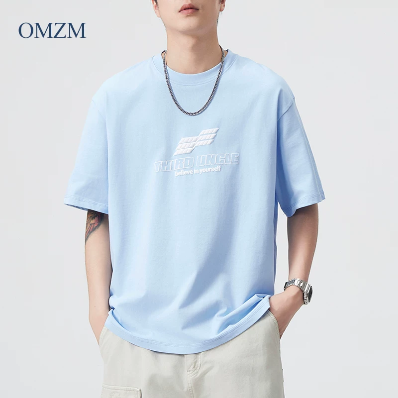 OMZM Áo thun cotton nguyên chất hạng nặng 280G phong cách Mỹ dành cho nam, tay ngắn, thiết kế dáng rộng mùa hè, áo thun nửa tay cổ tròn in hình, hợp thời trang