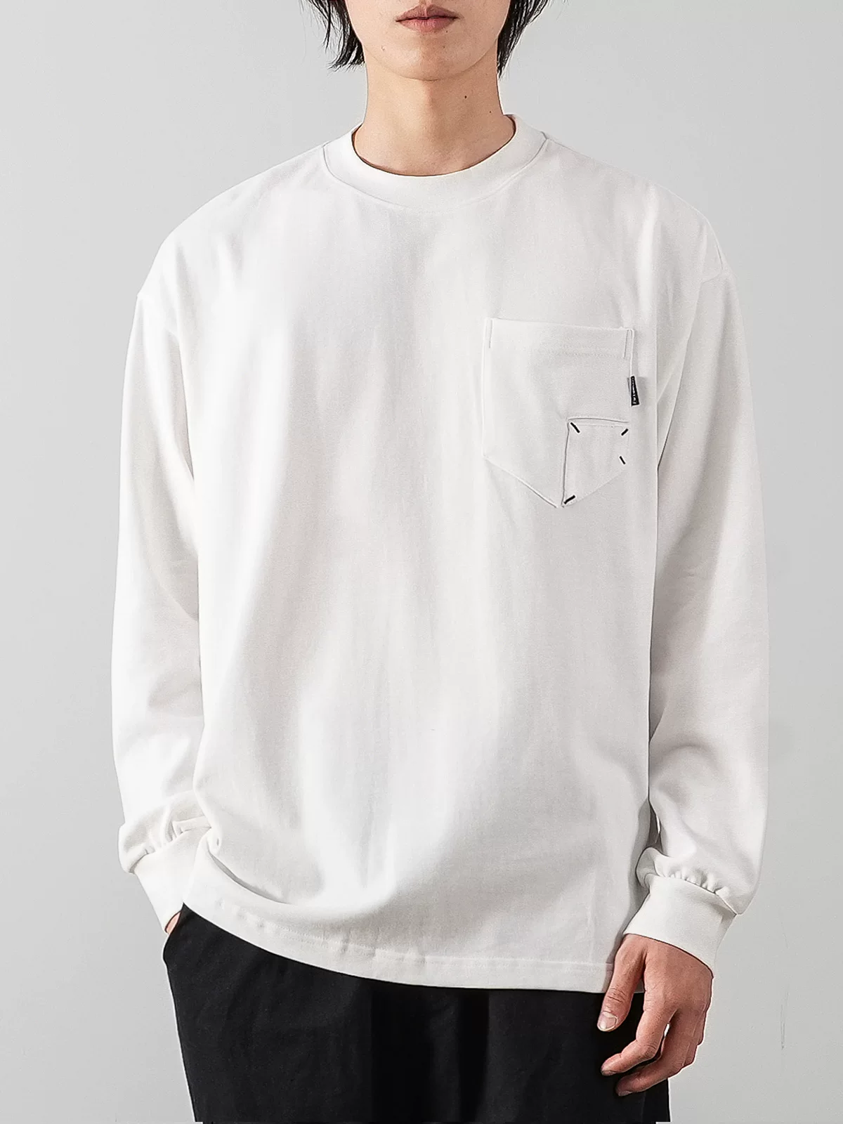 Áo thun dài tay có túi bằng cotton nguyên chất hạng nặng OMZM320G dành cho nam, áo len cổ tròn cổ điển mùa thu của Nhật Bản, áo sơ mi màu trơn