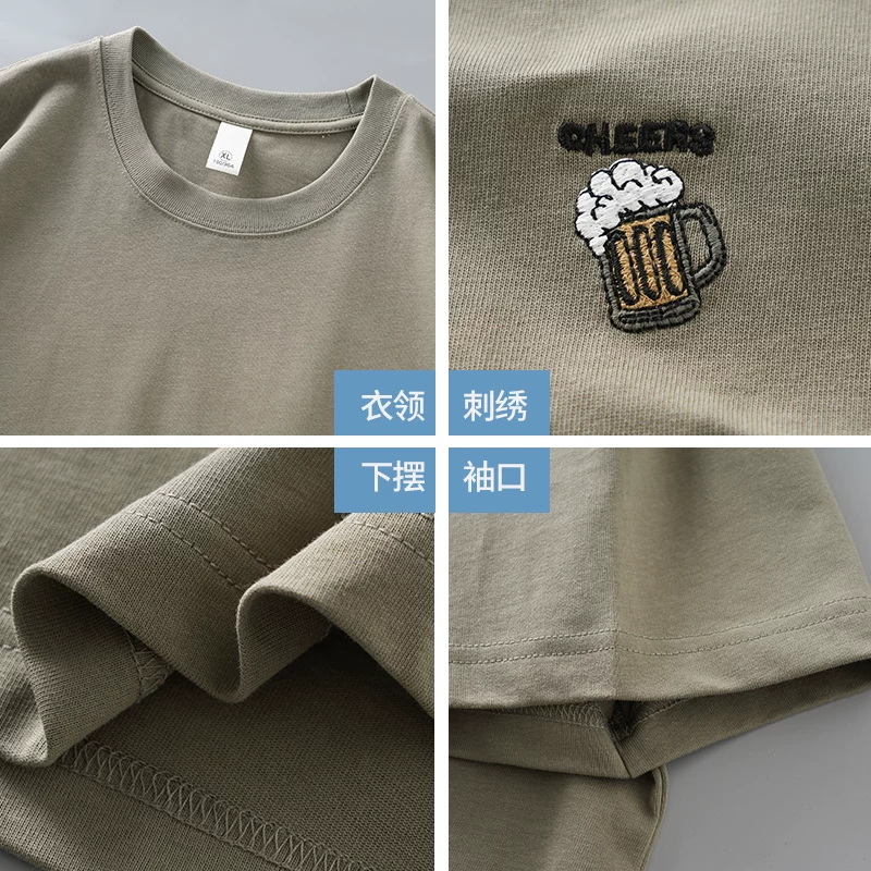 Áo thun thêu cotton nguyên chất hạng nặng OMZM dành cho nam ngắn tay mùa hè dáng rộng cỡ lớn Áo thun cổ tròn dành cho thanh thiếu niên và học sinh nửa tay