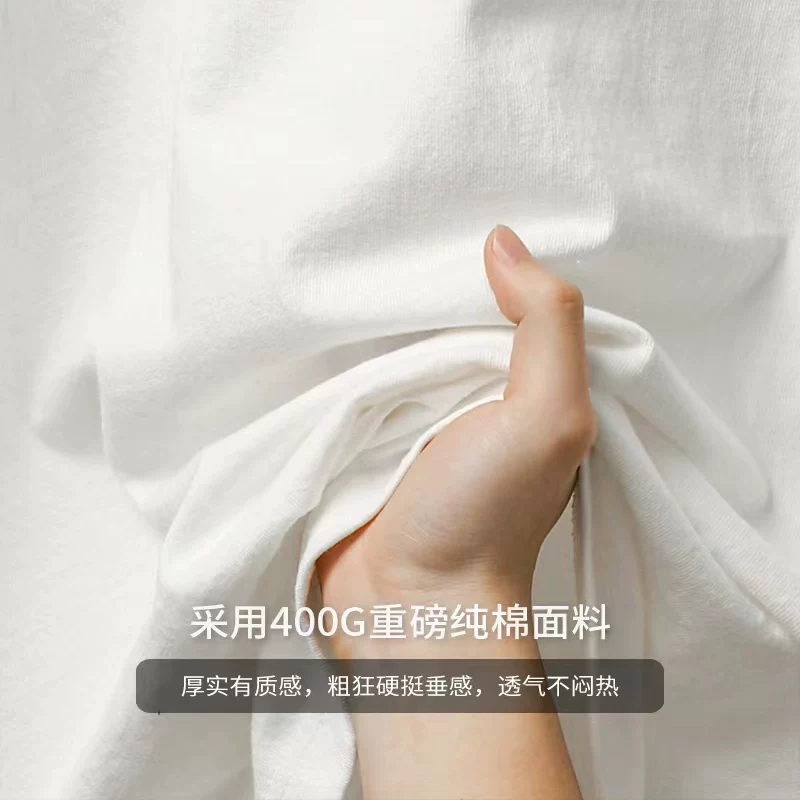 Áo thun nam tay ngắn nặng 400G ba kim, kiểu cổ tròn nửa tay phong cách retro Mỹ mùa hè, chất liệu cotton nguyên chất màu trắng.