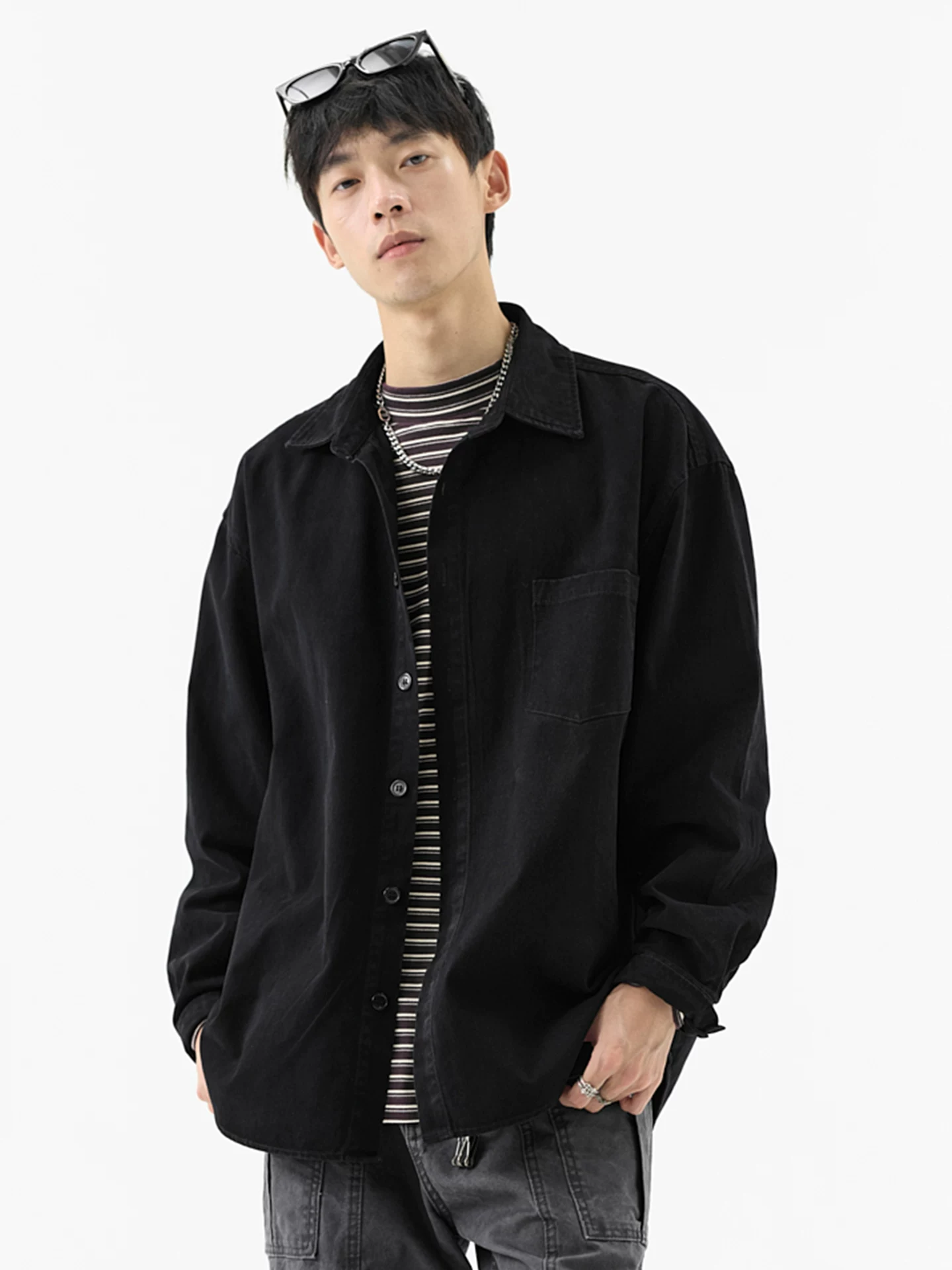 Áo khoác kiểu áo sơ mi hạng nặng OMZM450G, áo sơ mi công sở thu đông bằng cotton nguyên chất, áo sơ mi cổ điển cổ điển cao cấp